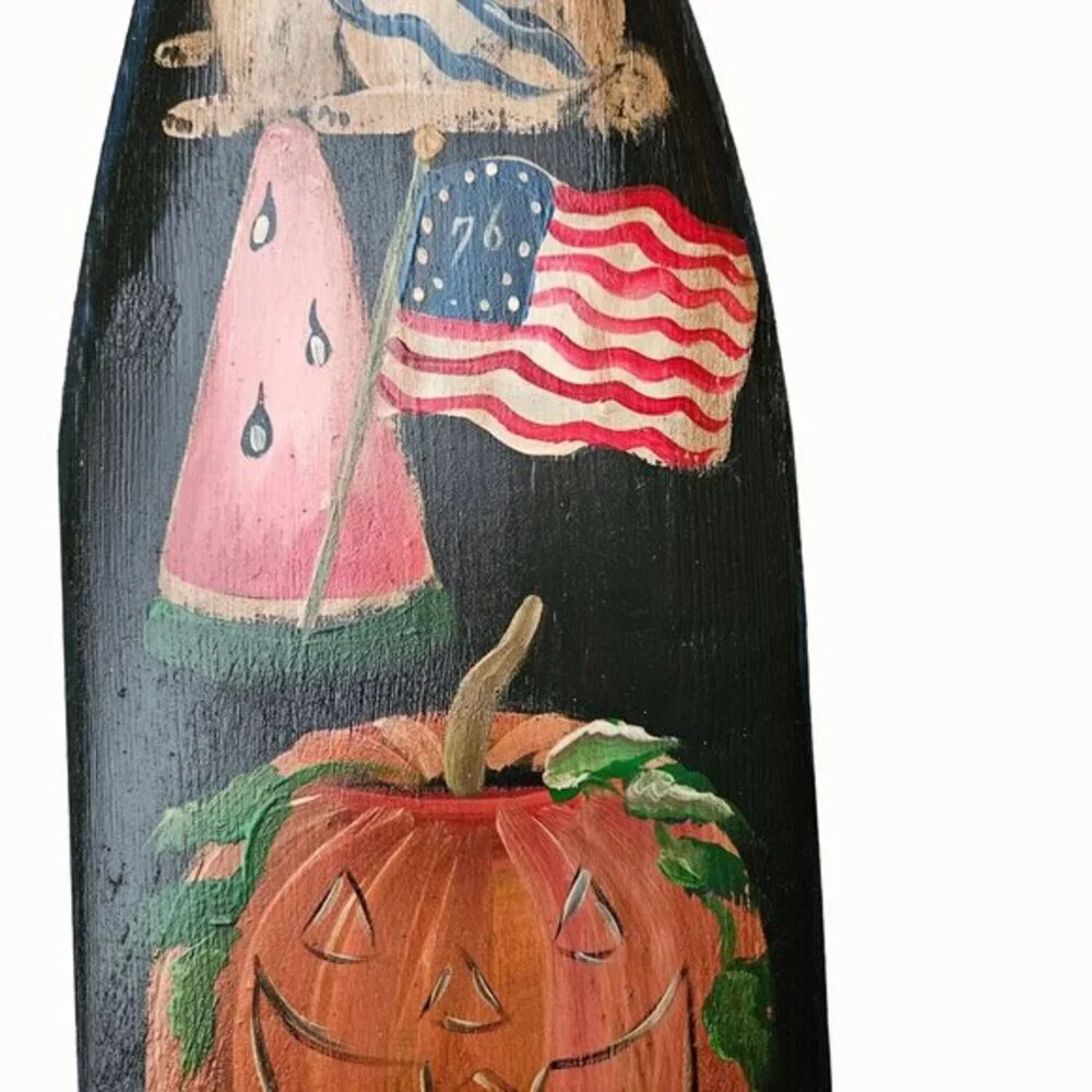 Seasonal‎ Wooden Hand Painted Plaque Folkart Decor Signed Xmas Fall Easter Vtg